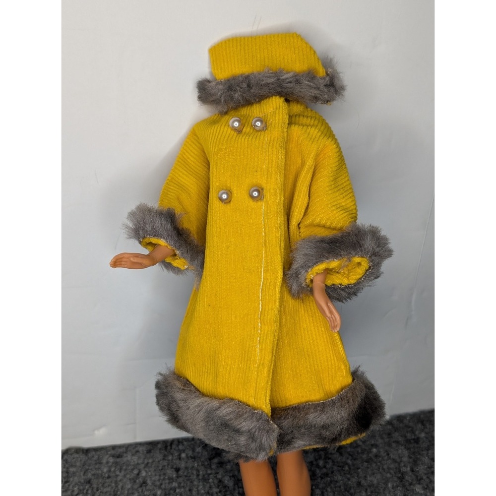 Vintage 1960's Mattel Barbie Corduroy Fur Trim Coat Yellow With Hat Pearl Button